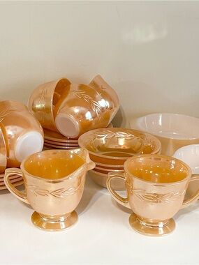 Vintage Fire King Peach Luster Lot of 23-Cream/Sugar Dish-Teacup Saucer-Bowl Set